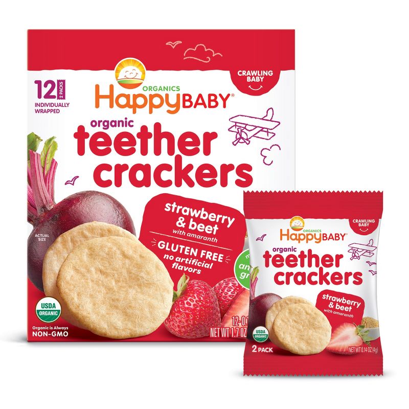 Happy Baby Organic Teether Crackers Strawberry & Beet Baby Snacks - 12ct/1.68oz by Happy Baby - Tier A kids snack