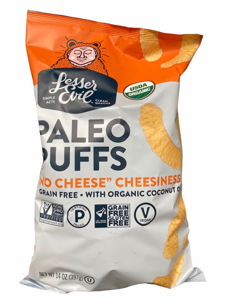 No Cheese Cheesiness Paleo Puffs by LesserEvil - Tier A kids snack