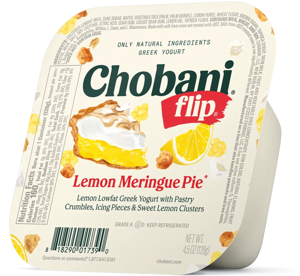 "crunch" lemon meringue crisp lemon non-fat greek yogurt with citrus white chocolate and lemon cookies by Chobani - Tier E kids snack