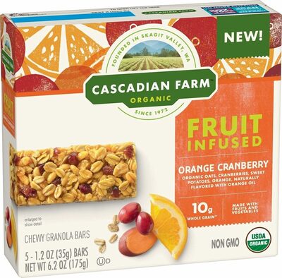 Organic orange cranberry fruit infused chewy granola bars by Cascadian Farm - Tier E kids snack