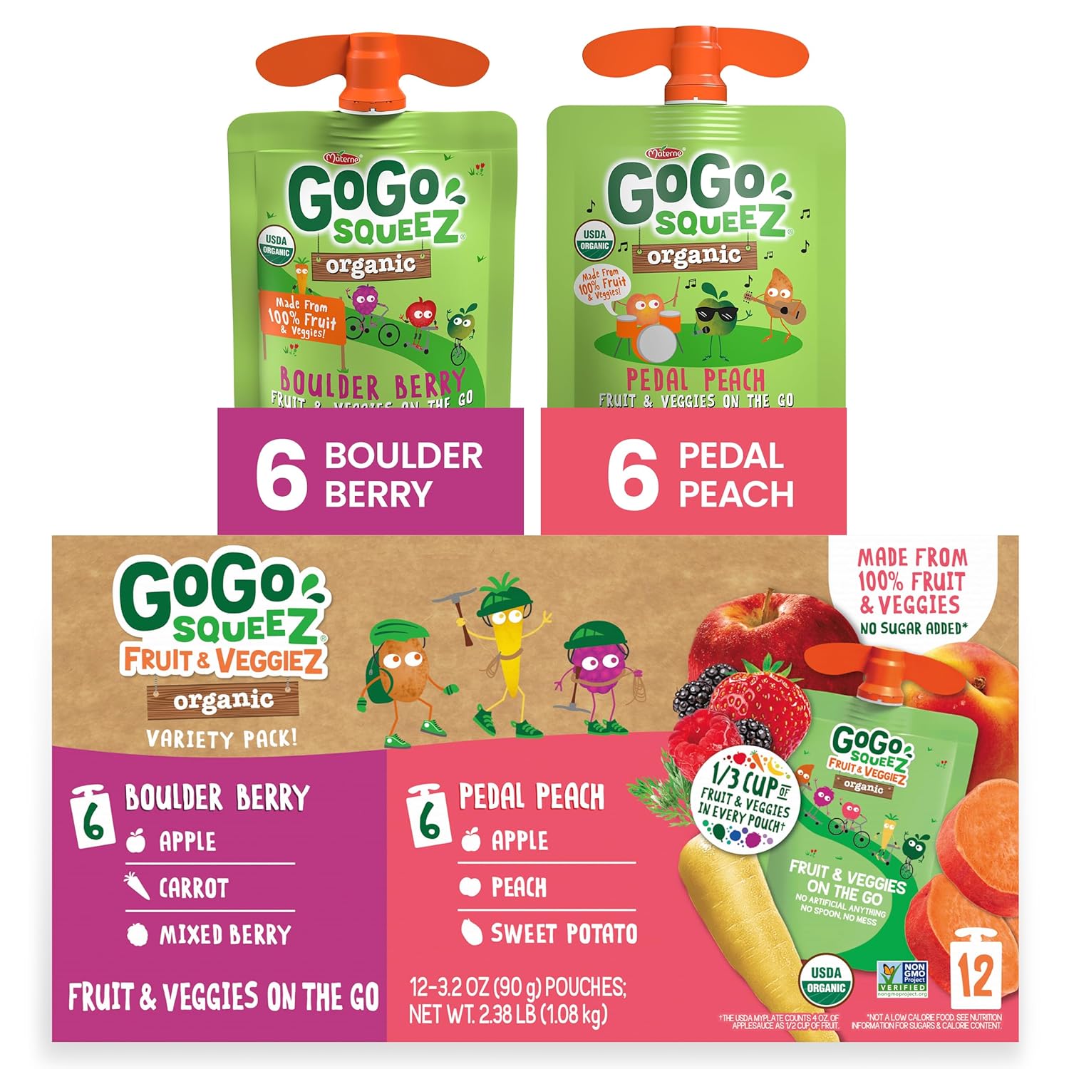 Organic Variety Pack (Pedal Pedal Peach/Boulder Berry) Fruit & Veggies On The Go by GoGo squeeZ