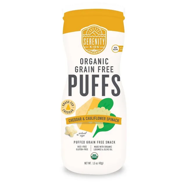 Serenity Kids Grass Fed Cheddar and Organic Cauliflower & Spinach Grain Free Puffs Baby & Toddler Snacks by Serenity Kids - Tier A kids snack