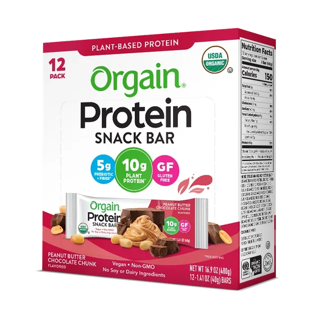 Peanut butter chocolate chunk plant based protein bar, peanut butter chocolate chunk by Orgain - Tier E kids snack