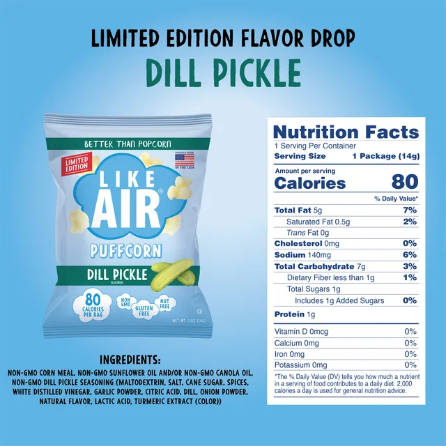 Like Air Dill Pickle Puffcorn by Like Air - Tier B kids snack