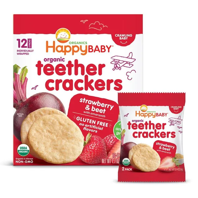 Happy Baby Organic Teether Crackers Strawberry & Beet Baby Snacks - 12ct/1.68oz by Happy Baby - Tier A kids snack