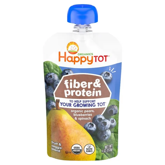 Happy Tot Fiber & Protein Organic Pears, Blueberries & Spinach Toddler Pouch by Happy Tot - Tier B kids snack