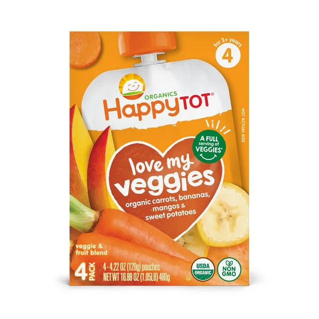 Happy Tot Love My Veggies Organic Carrots, Bananas, Mangos & Sweet Potatoes Toddler Pouch by Happy Tot - Tier B kids snack