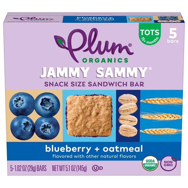 JAMMY SAMMY SNACK SIZE SANDWICH BAR blueberry + oatmeal flavored with other natural flavors by Plum Organics - Tier E kids snack