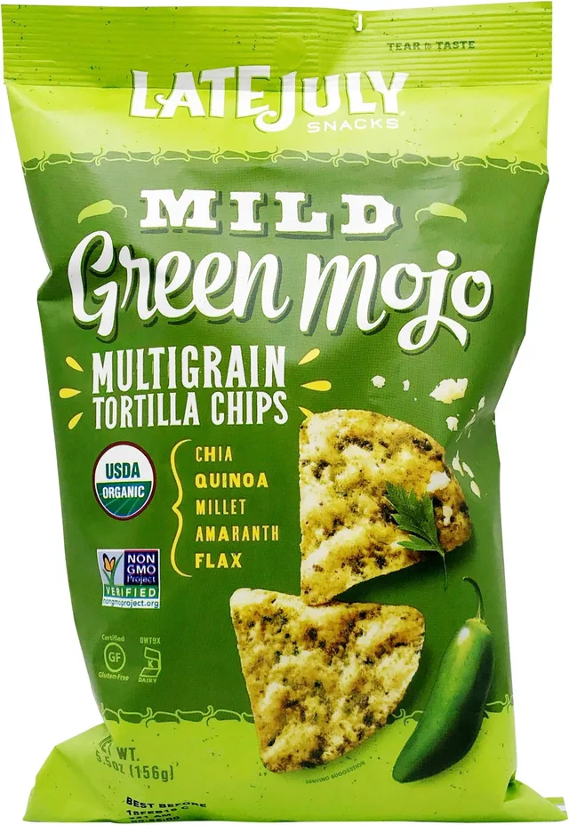Organic Mild Green Mojo Multigrain Tortilla Chips by Late July - Tier A kids snack