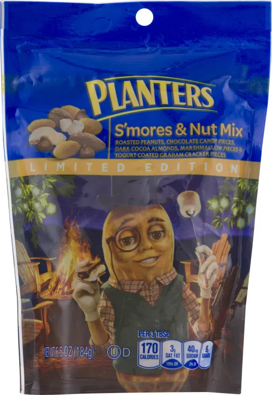 Roasted peanuts, chocolate candy pieces, dark cocoa almonds, marshmallow pieces, yogurt coated graham cracker pieces s'mores mix, s'mores by Planters - Tier E kids snack
