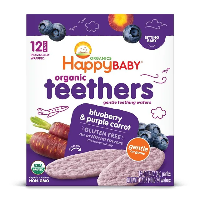 Happy Baby Organic Teethers Blueberry & Purple Carrot Gentle Teething Wafers Baby Snacks - 12ct/1.68oz by Happy Baby - Tier C kids snack